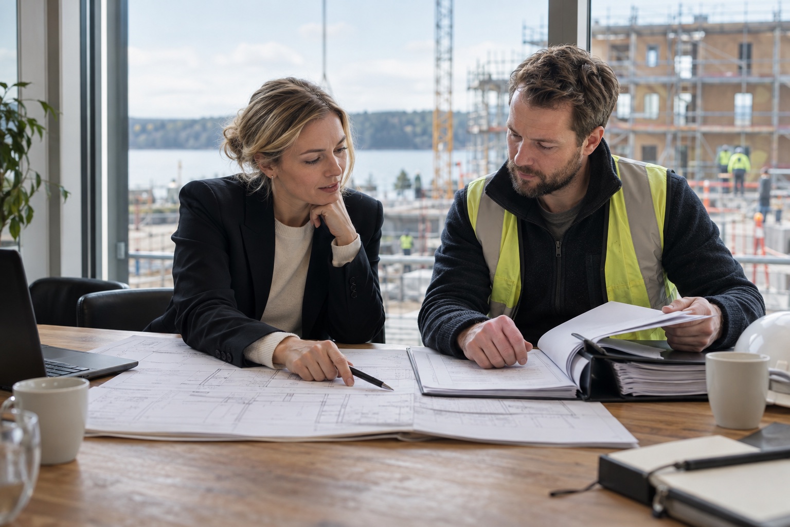 Beställare och projektledare går igenom entreprenadavtal och ritningar.