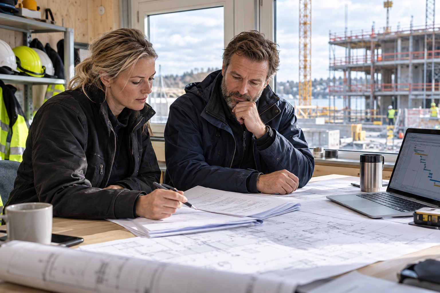 Entreprenörer går igenom avtal och underlag i ett byggprojekt.