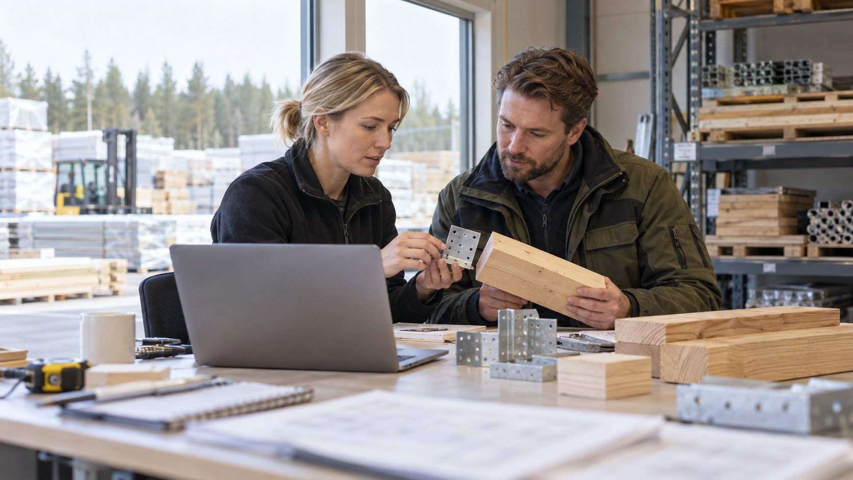 Två personer jämför tekniska materialprov i en inköpsmiljö.