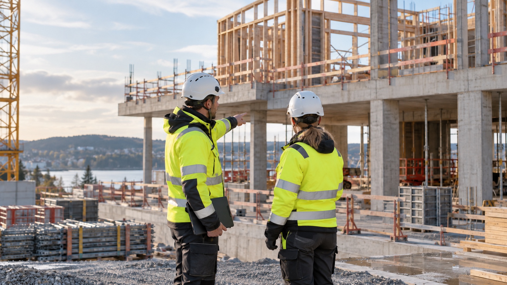 Två arbetsledare följer upp byggproduktionen på en välordnad byggarbetsplats.