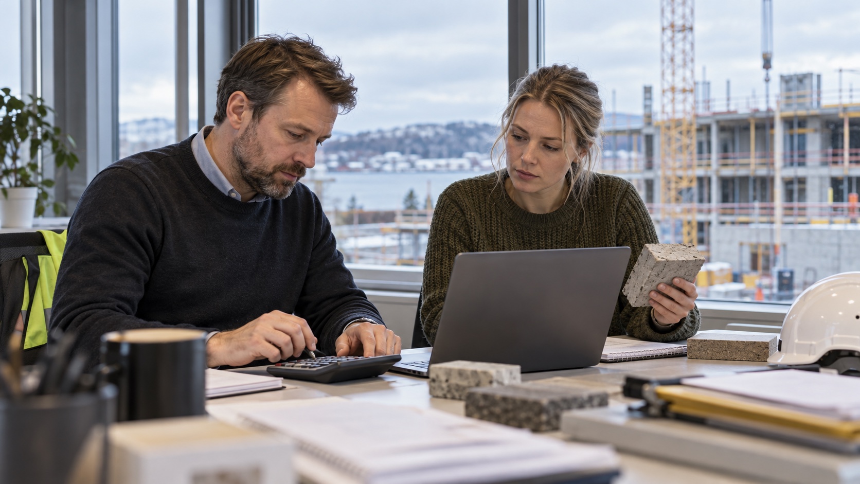 Två personer arbetar med kalkylator och projektunderlag i ett byggkontor.