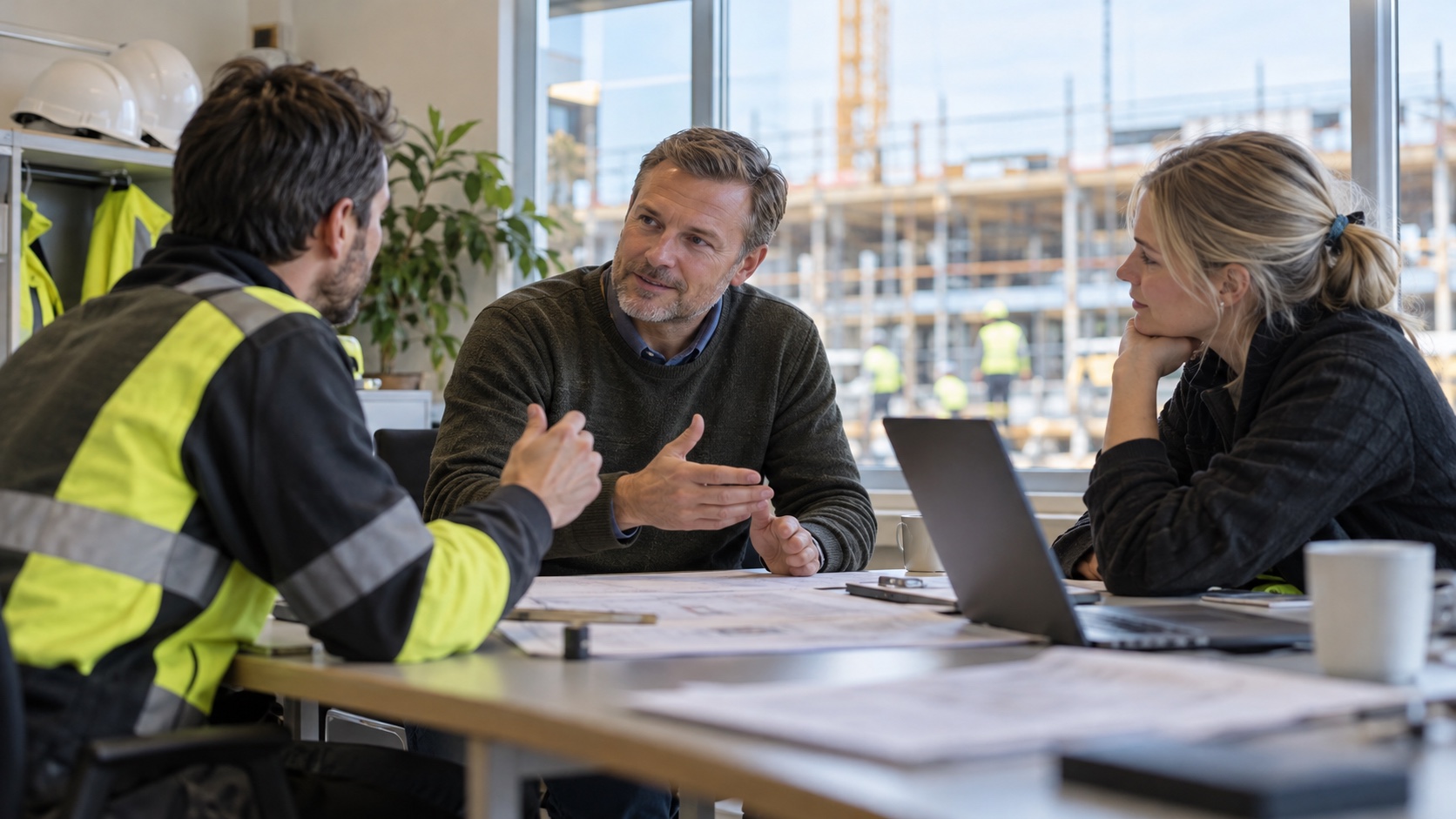 En projektledare samtalar med två kollegor vid ett arbetsmöte.