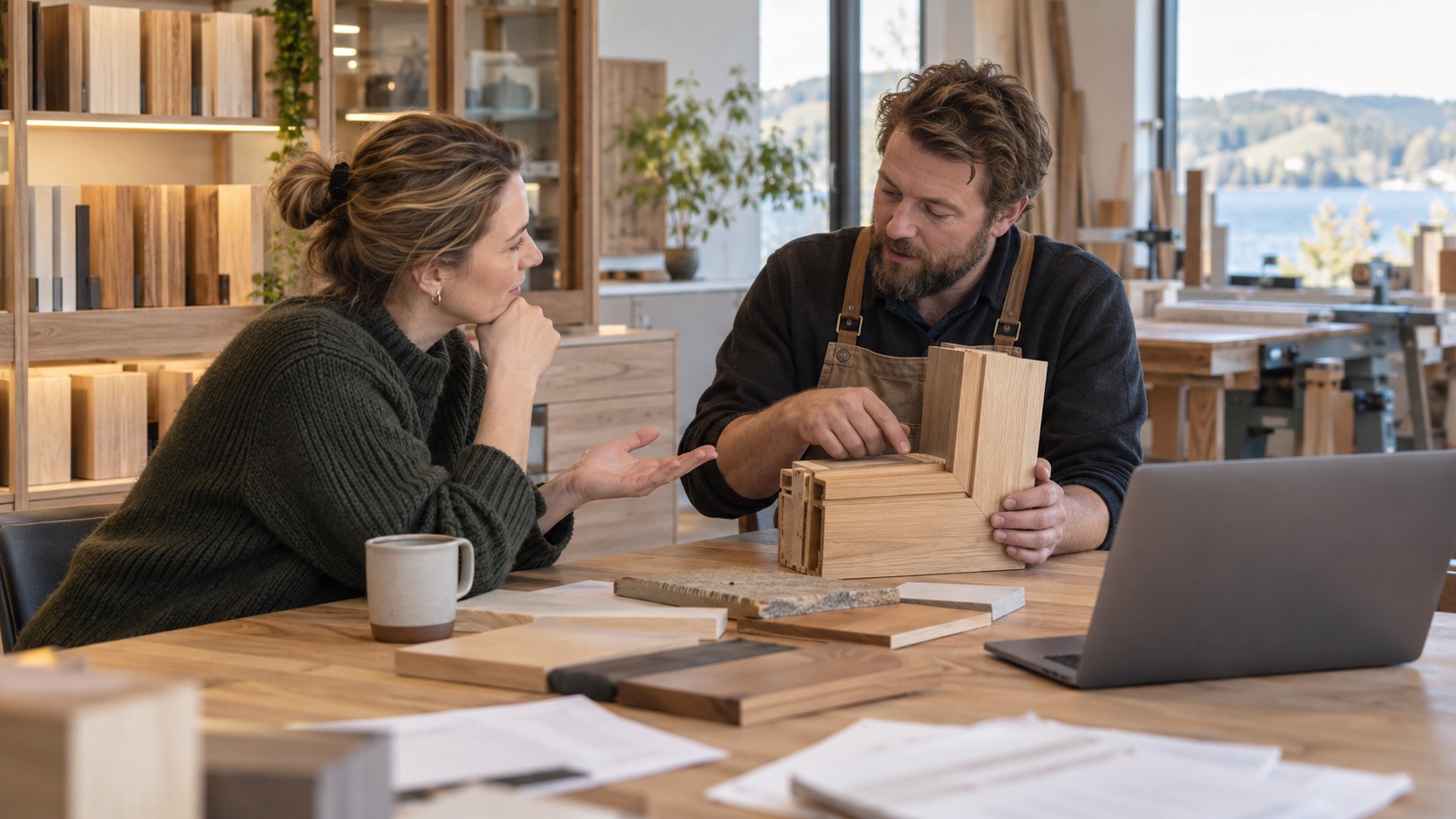 En företagare och kund diskuterar material och omfattning för ett uppdrag.