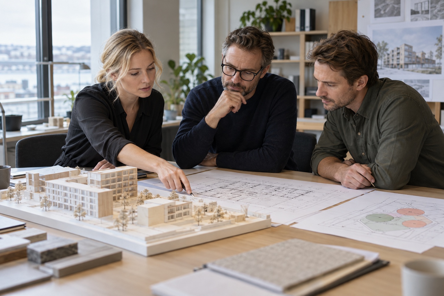 Tre personer granskar ritningar och en byggmodell under ett projekteringsmöte.