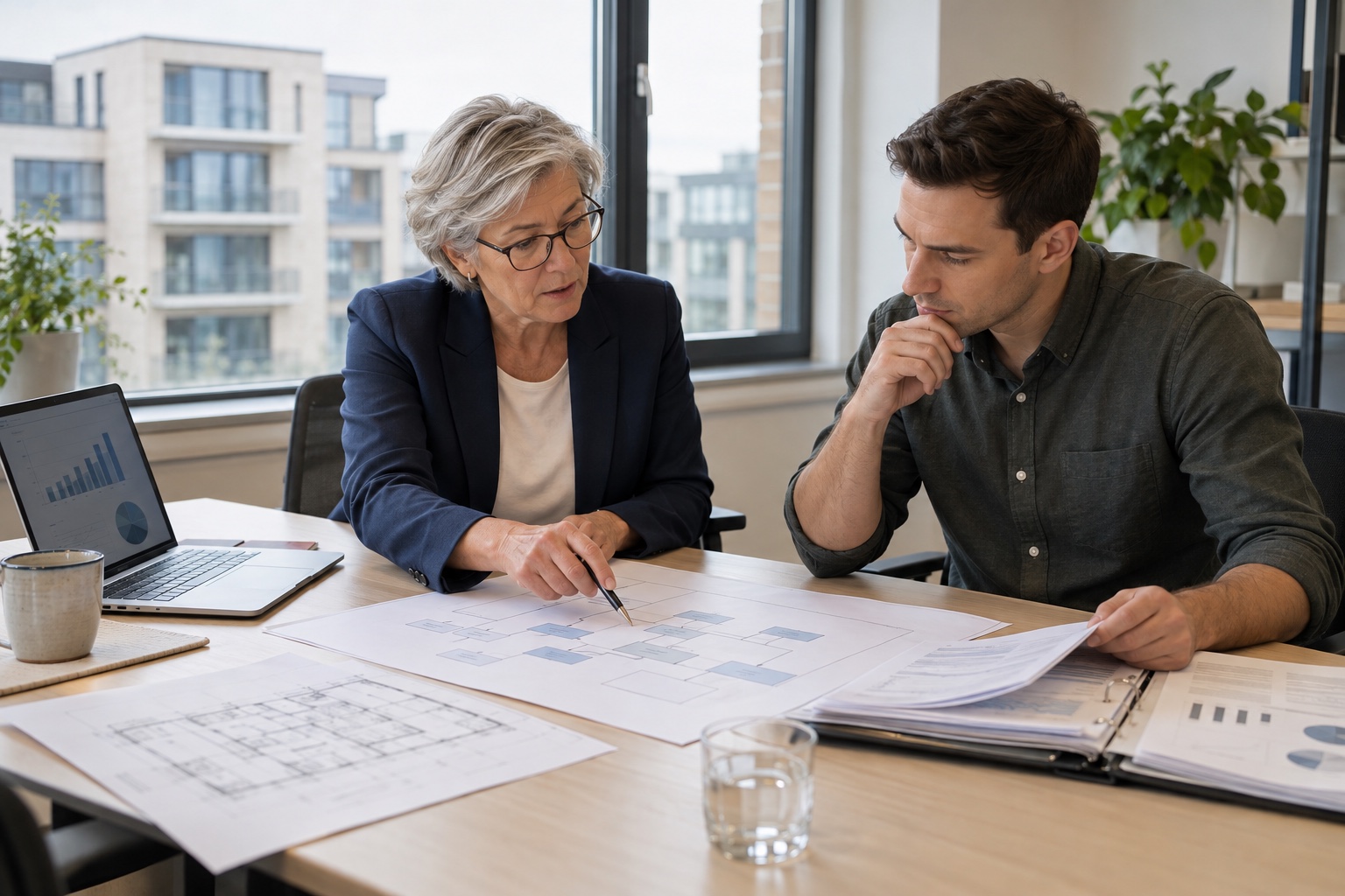Två personer granskar projektorganisation och uppföljningsunderlag vid ett mötesbord.